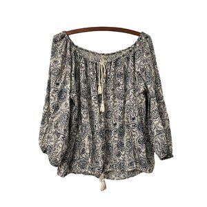 Denim Supply Ralph Lauren Boho Blue Floral Peasant Blouse Top Size Medium